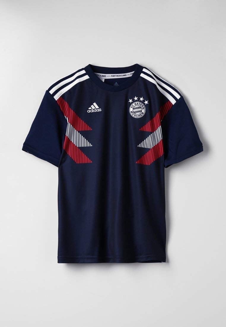 Navy blue sports jersey featuring red and white zigzag stripes, Adidas logo, FC Bayern Munich crest, short sleeves, and crew neck design.