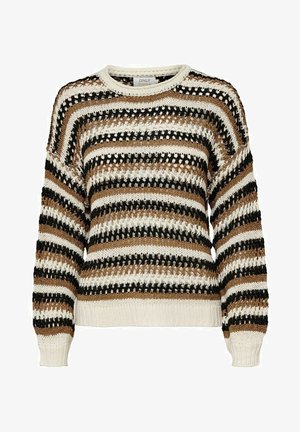 Pletený svetr s horizontálními pruhy v hnědé, černé a bílé barvě. Volný střih s žebrovanými manžetami a lemem, který ukazuje otevřený vzor pletení.