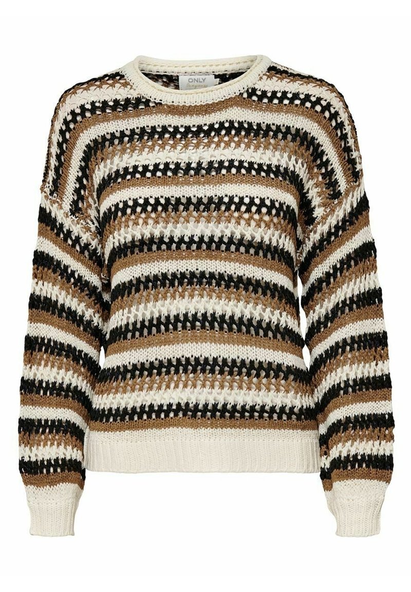 Pull en maille présentant des rayures horizontales marron, noires et blanches. Coupe ample avec poignets et ourlet côtelés, mettant en valeur un motif en maille ouverte.
