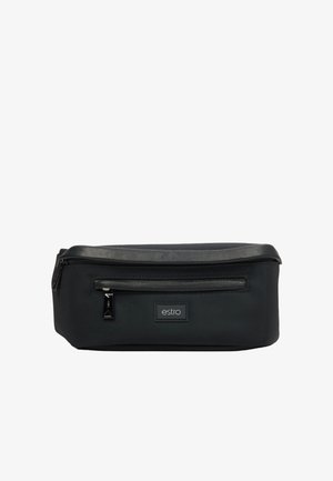 Czarna kosmetyczka o teksturowanej powierzchni, z zamkiem błyskawicznym u góry, przednią kieszenią i metką z logo "estro".