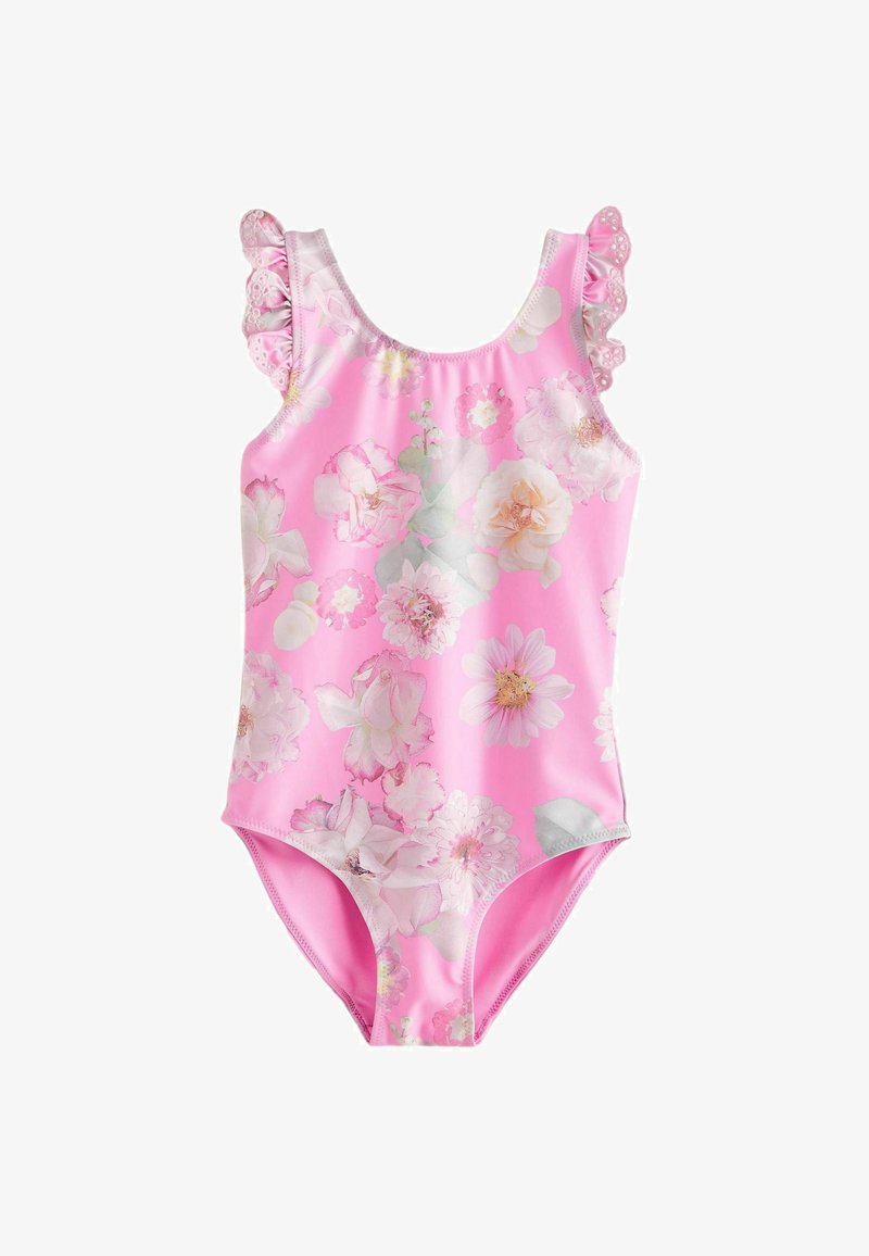 Rosa Badeanzug mit floralen Motiven, der über Rüschen an den Schultern, ein figurbetontes Design und eine glatte, dehnbare Textur verfügt, die mit verschiedenen Blumenmustern versehen ist.