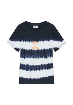 T-shirt à manches courtes bleu marine et blanc tie-dye avec un palmier orange et le logo « s.Oliver » centré sur la poitrine.