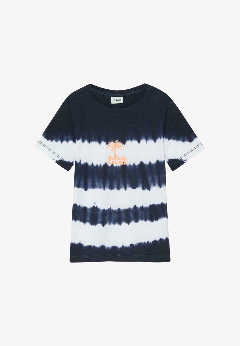 T-shirt à manches courtes bleu marine et blanc tie-dye avec un palmier orange et le logo « s.Oliver » centré sur la poitrine.