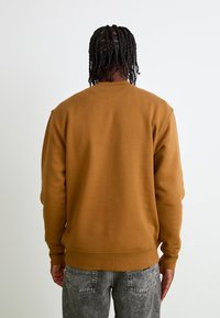 Felpa marrone con collo rotondo e polsini a costine, realizzata in tessuto morbido. Indossata con jeans grigi strappati, vista da dietro.