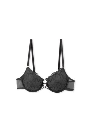 Reggiseno in pizzo nero con coppe imbottite, bordi ondulati e pannelli laterali in rete. Presenta spalline regolabili e un gancio decorativo frontale.