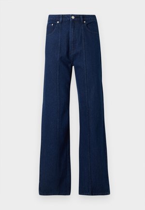 Dark blue denim wide-leg jeans with a high waist, front pockets, and visible stitching. Soft texture with a loose fit and full-length legs.