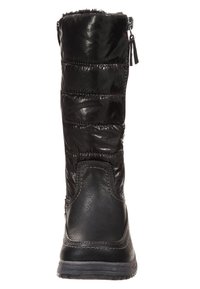 Černé kožené vysoké kozačky vyrobené z hladké kůže s prošívanou nylonovou částí. Mají zip na boku a texturovanou gumovou podrážku.