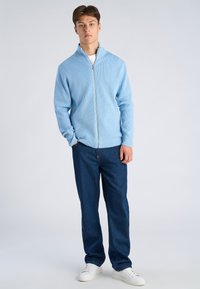 Giovane uomo in piedi, indossa un maglione con cerniera azzurro chiaro, jeans blu scuro e sneakers bianche, su uno sfondo grigio chiaro uniforme.