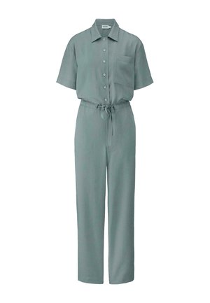 Lichtgroene short-sleeve jumpsuit met een kraag, voor knopen, een borstzak en een gestrikt middel. Rechte pijpen, gladde textuur.