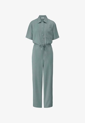 Hellgrüner Kurzarm-Overall mit Kragen, vorderer Knopfleiste, Brusttasche und gebundenem Taillengürtel. Gerades Bein-Design, glatte Textur.