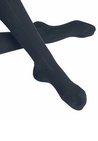 Schwarze knielange Socken mit einem strukturierten Muster, verstärkter Zehenpartie und subtilen vertikalen Linien. Aus einem dehnbaren Baumwoll-Mix gefertigt.