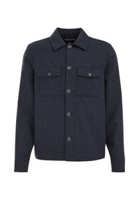 Marineblauwe wollen blend jas met een kraag, knoopsluiting, twee borstzakken en een rechte snit. Zachte textuur met een minimalistisch ontwerp.