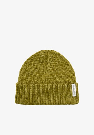 Olijfgroene gebreide muts met een geribbelde boord. Gemaakt van zacht materiaal, voorzien van een label aan de zijkant. Getextureerde, ronde bovenkant met een aansluitende pasvorm.