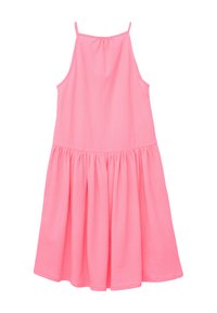 Rosa ärmelloses Kleid aus strukturiertem Stoff, am Brustbereich gerafft und mit einem ausgestellten Rock, der einen gestuften Saum hat.
