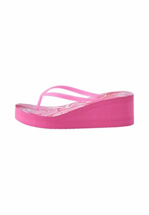 Rózsaszín ék alakú flip-flop szandál márványmintás talprésszel és vékony rózsaszín pántokkal, oldalsó profilban fehér háttéren.
