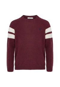 Maglione bordeaux in maglia con strisce bianche sulle maniche, scollo a girocollo, orlo a coste e piccolo dettaglio logo sul petto. Texture morbida.