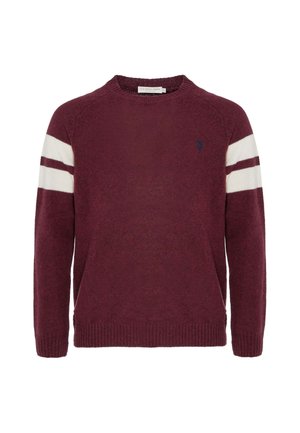 Maglione bordeaux in maglia con strisce bianche sulle maniche, scollo a girocollo, orlo a coste e piccolo dettaglio logo sul petto. Texture morbida.
