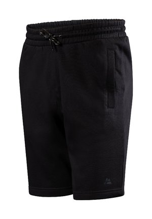 Sorte shorts lavet af blødt stof, med en elastisk talje med snor, sidelommer og et logo på det nederste ben.