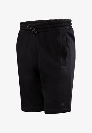 Czarne szorty wykonane z miękkiego materiału, z elastycznym pasem w talii z dzianym sznurkiem, bocznymi kieszeniami oraz logo na dolnej części nogawki.