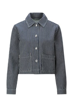 Navy blue and white vertically striped button-up jacket with collar, long sleeves, and two front patch pockets.