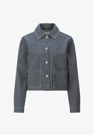 Jachetă cu nasturi, cu dungi verticale bleumarin și albe, cu guler, mâneci lungi și două buzunare aplicate în față.