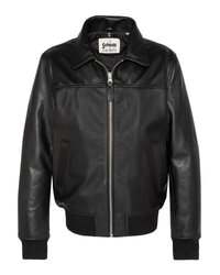 Zwarte leren bomberjack met ritssluiting aan de voorkant, twee zijzakken, geribbelde manchetten en zoom, en een spitse kraag.