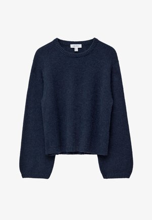 Navy blue, cropped sweater with a rounded neckline and long, slightly puffed sleeves. Made of soft, textured fabric. Seamless design.