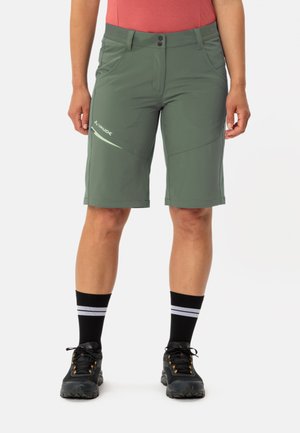 Groene shorts van lichtgewicht, ademend materiaal, met een aansluitende pasvorm, een knoopsluiting aan de voorkant en zijzakken, en voorzien van logo-accenten.