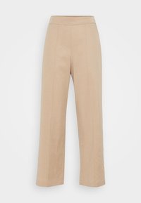 Beige vide bukser laget av lett stoff, med høy midje, fremre sømdetaljering, og en ren, jevn tekstur.