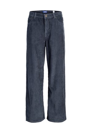 Pantalon en velours côtelé gris foncé à jambes droites, fermeture à boutons et poches avant.