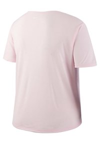 Pink Nike t-shirt with short sleeves, round neckline, and lightweight fabric. Features a small white logo on the upper back. Simple design.