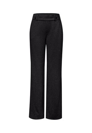 Pantalons larges noirs en tissu texturé avec un léger brillant, dotés d'une ceinture lisse et de deux boutons à l'avant.