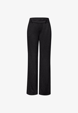 Czarne szerokie spodnie z teksturowanej tkaniny z delikatnym połyskiem, z gładkim pasem w talii i dwoma guzikami z przodu.