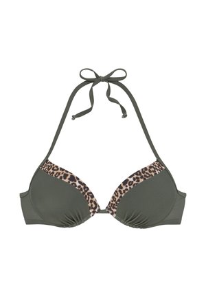 Olivgrünes Neckholder-Bikinitop mit Leopardenprint-Besatz und Bindverschluss am Nacken, gepolsterte Cups und Bügelunterstützung.