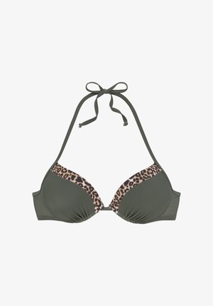 Olivgrünes Neckholder-Bikinitop mit Leopardenprint-Besatz und Bindverschluss am Nacken, gepolsterte Cups und Bügelunterstützung.