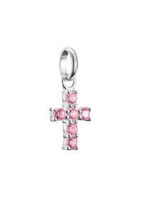 Silbernes Kreuzanhänger, geschmückt mit fünf rosa Edelsteinen, mit einer polierten Oberfläche und abgerundeten Akzenten an den Kanten.