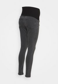 Svarta gravidjeans med en bred, elastisk midja; smal passform; blek mörkgrå färg; med standard bakfickor och minimal slitning.