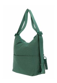 Sac à bandoulière en tissu vert à surface texturée, avec une fermeture éclair, une poche frontale et des bretelles réglables.