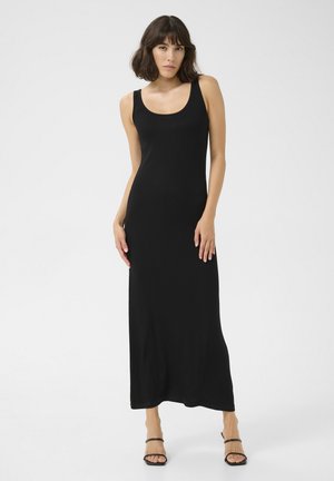 Schwarzes, ärmelloses Maxikleid mit Rundhalsausschnitt, gerippter Textur, figurbetonter Form und einem glatten, fließenden Saum.