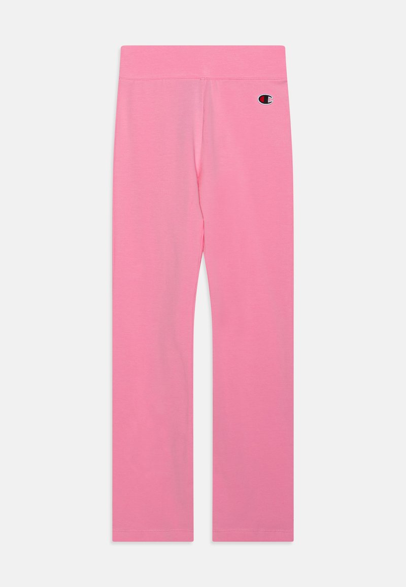 Leggings de algodão cor-de-rosa com um design justo, apresentando um logo no quadril esquerdo e uma cintura elástica para conforto.