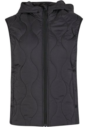 Gilet rembourré noir avec capuche, présentant un motif matelassé ondulé, une fermeture éclair intégrale à l'avant et sans manches, conçu pour la chaleur et le confort.