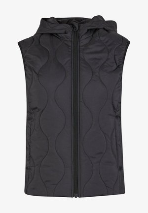 Chaleco acolchado negro con capucha, que presenta un patrón de acolchado ondulado, cremallera frontal completa y sin mangas, diseñado para brindar calidez y comodidad.