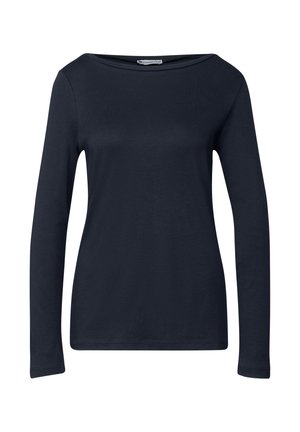 Haut à manches longues en bleu marine foncé, fabriqué en mélange de coton lisse. Il présente un décolleté large et des manches ajustées avec une coupe de longueur régulière.