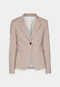 Bežový dámský blazer s jedním tlačítkem, s klopami, dvěma předními kapsami a dlouhými rukávy.