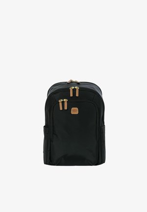 Black backpack with multiple zippered compartments, brown zipper pulls, and a small brown logo patch on the front pocket.