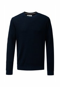 Suéter de punto texturizado azul marino con cuello redondo, mangas largas y puños y dobladillo acanalados, etiqueta visible dentro del escote.