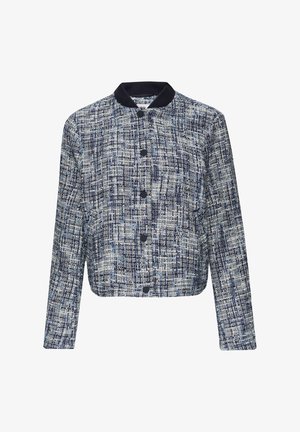 Mėlynas ir pilkas tweed trumpas švarkas su juodu apykakle, turintis mygtukų užsegimą ir ilgomis rankovėmis, demonstruojantis tekstūruotą raštą.