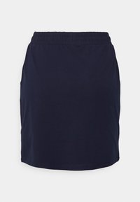 Saia de jersey azul marinho com cintura elástica, apresentando um corte reto e sem bolsos visíveis ou acentos adicionais. Textura suave.