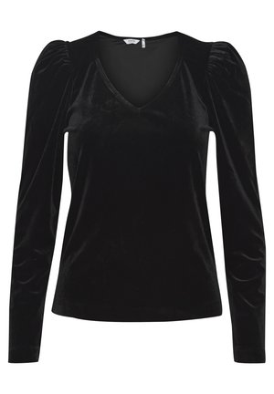 Schwarzes Samtoberteil mit langen Ärmeln und V-Ausschnitt, das gepuffte Schultern und eine glatte, weiche Textur aufweist. Minimalistisches Design ohne Muster.
