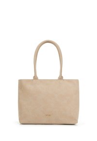 Beige schoudertas met een geweven, textuurpatroon. Voorzien van twee stevige handvatten en een gouden logo plaat aan de onderkant. Glad, synthetisch materiaal.